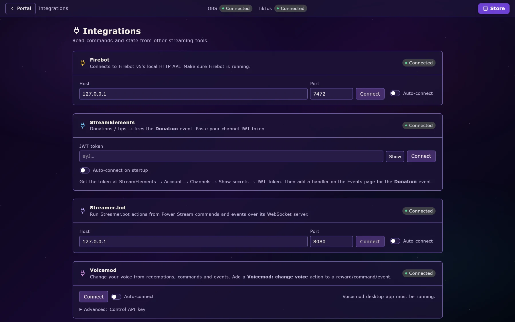 The Integrations page: Firebot, StreamElements, Streamer.bot and Voicemod, each with its connection settings and a Connected status.