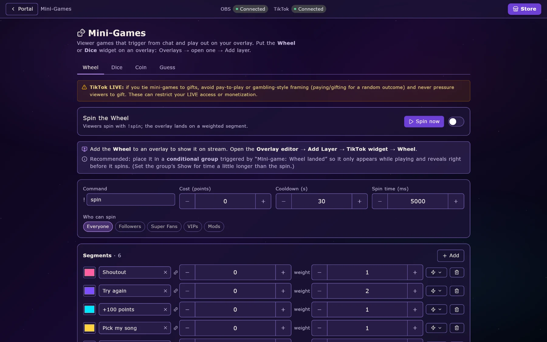Mini-Games: the spinning wheel’s settings: the !spin command, its cost and cooldown, who can spin, and six weighted segments.