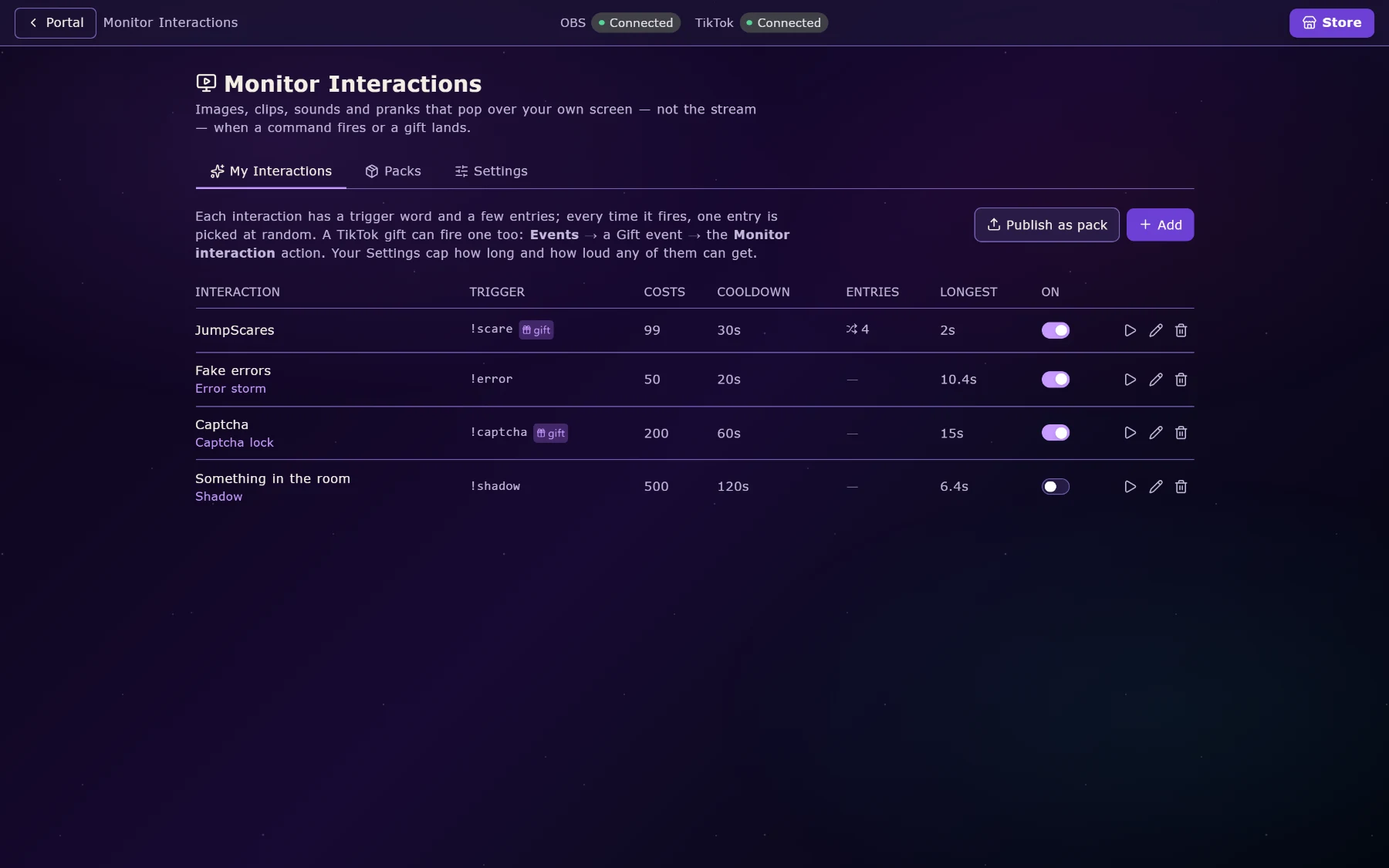 Monitor Interactions in Power Stream: JumpScares, Fake errors, Captcha and Something in the room, each with a trigger word, a coin cost, a cooldown and a switch.